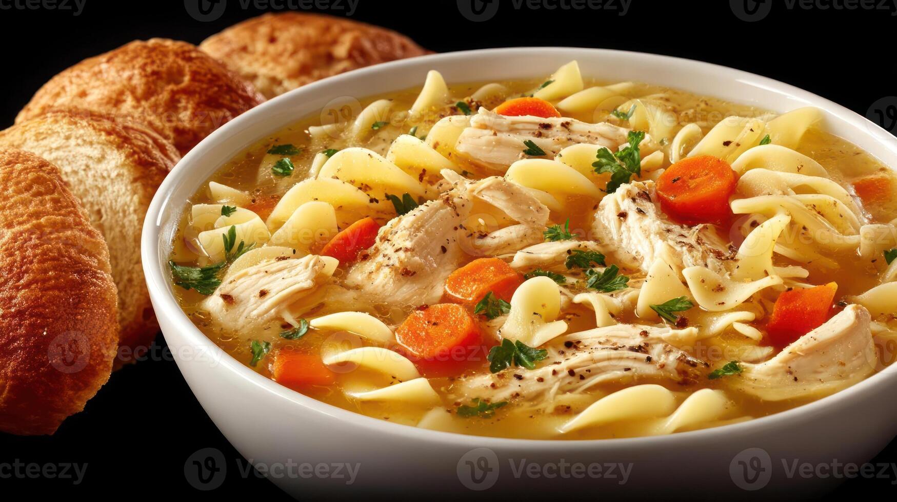 Warm bowl of chicken noodle soup with a croissant. photo