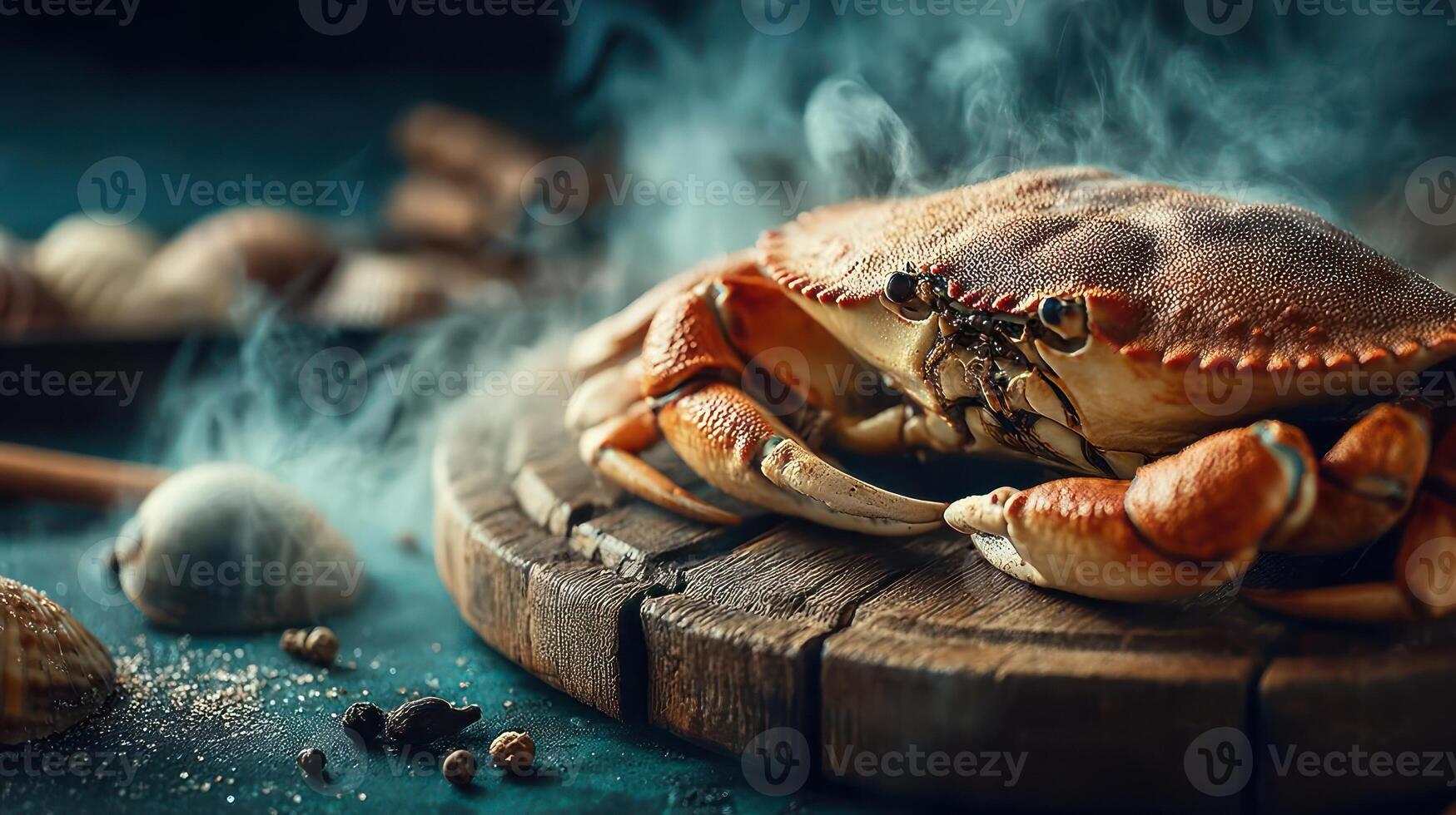Delicious crab on a wooden board, ready to eat. photo