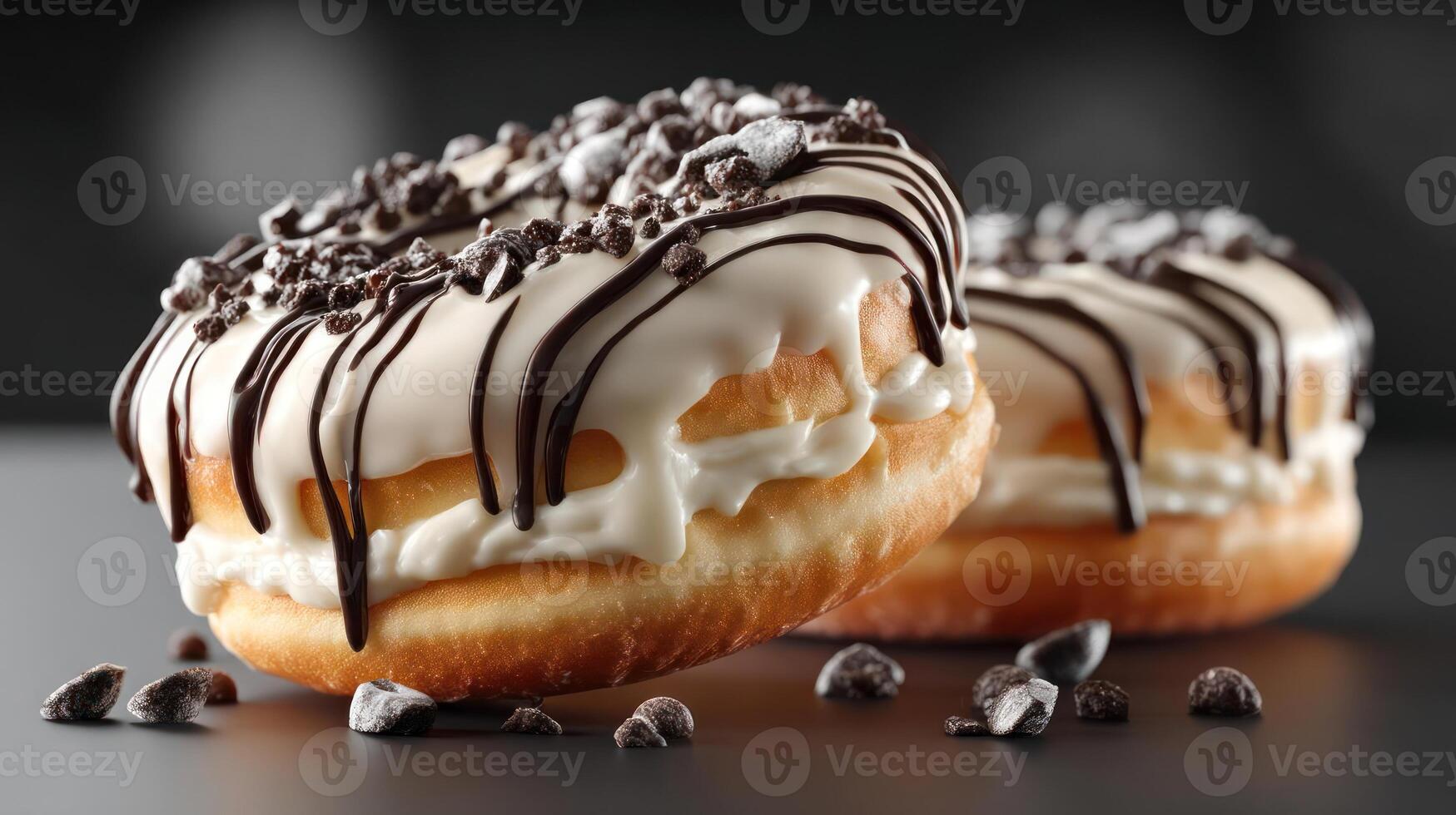 Delicious donut with chocolate drizzle and toppings. photo