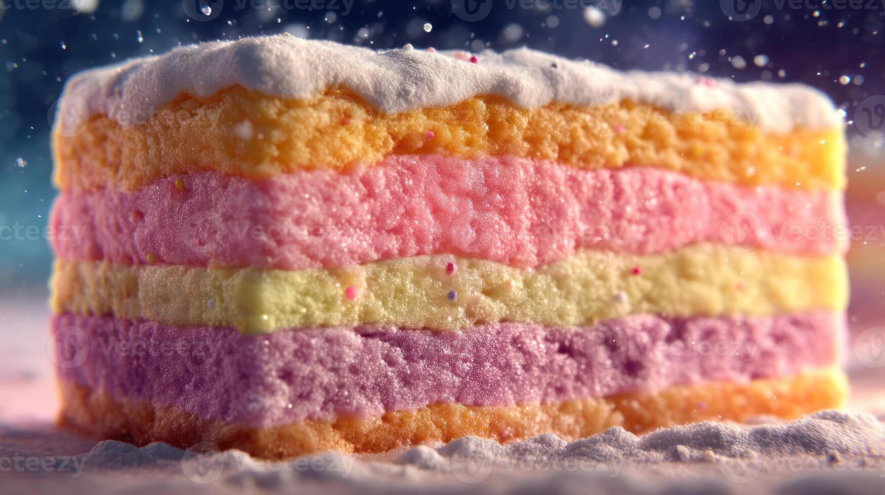 Colorful layered cake with fluffy texture and powdered sugar. photo