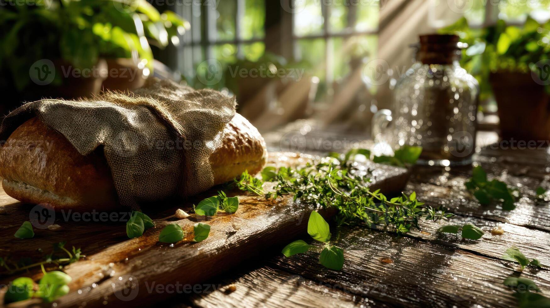 Rustic bread and herbs on a wooden table, sunlit scene. photo