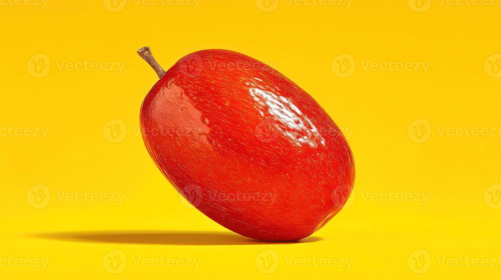 A vibrant red fruit against a yellow background. photo
