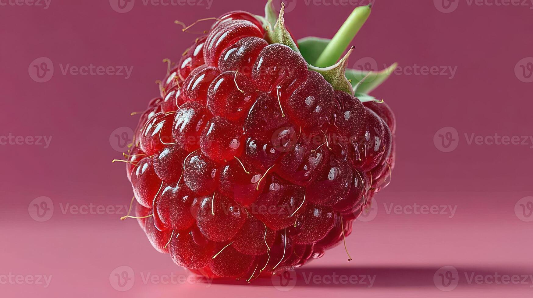 A juicy, ripe raspberry with vibrant red color and green stem. photo
