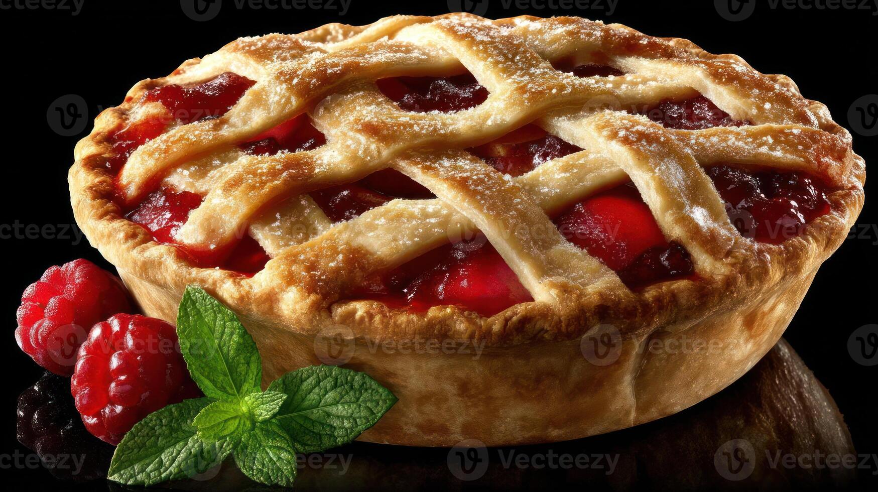 Delicious raspberry pie with flaky crust and fresh berries. photo