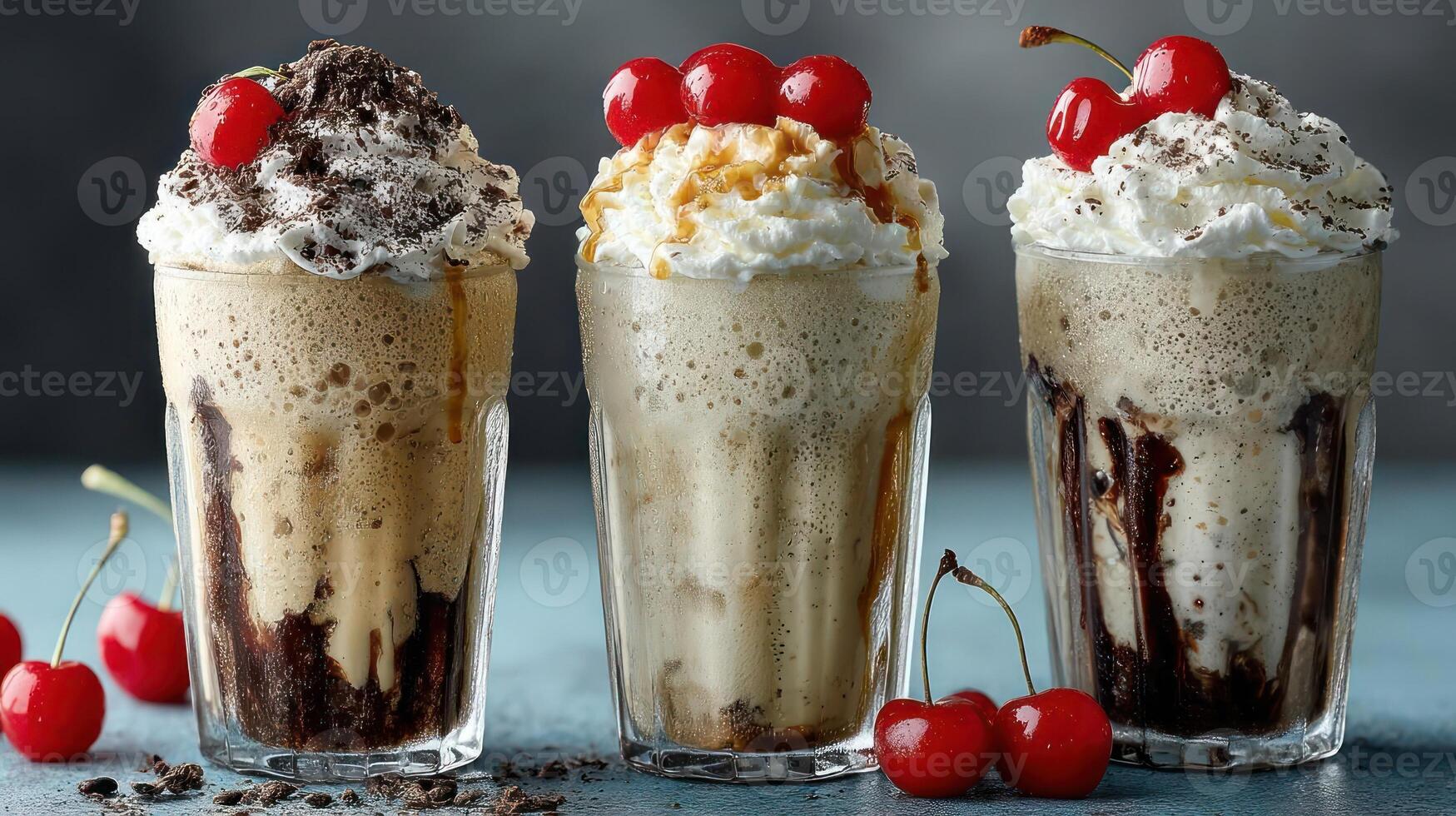 Three delicious milkshakes topped with whipped cream and cherries. photo