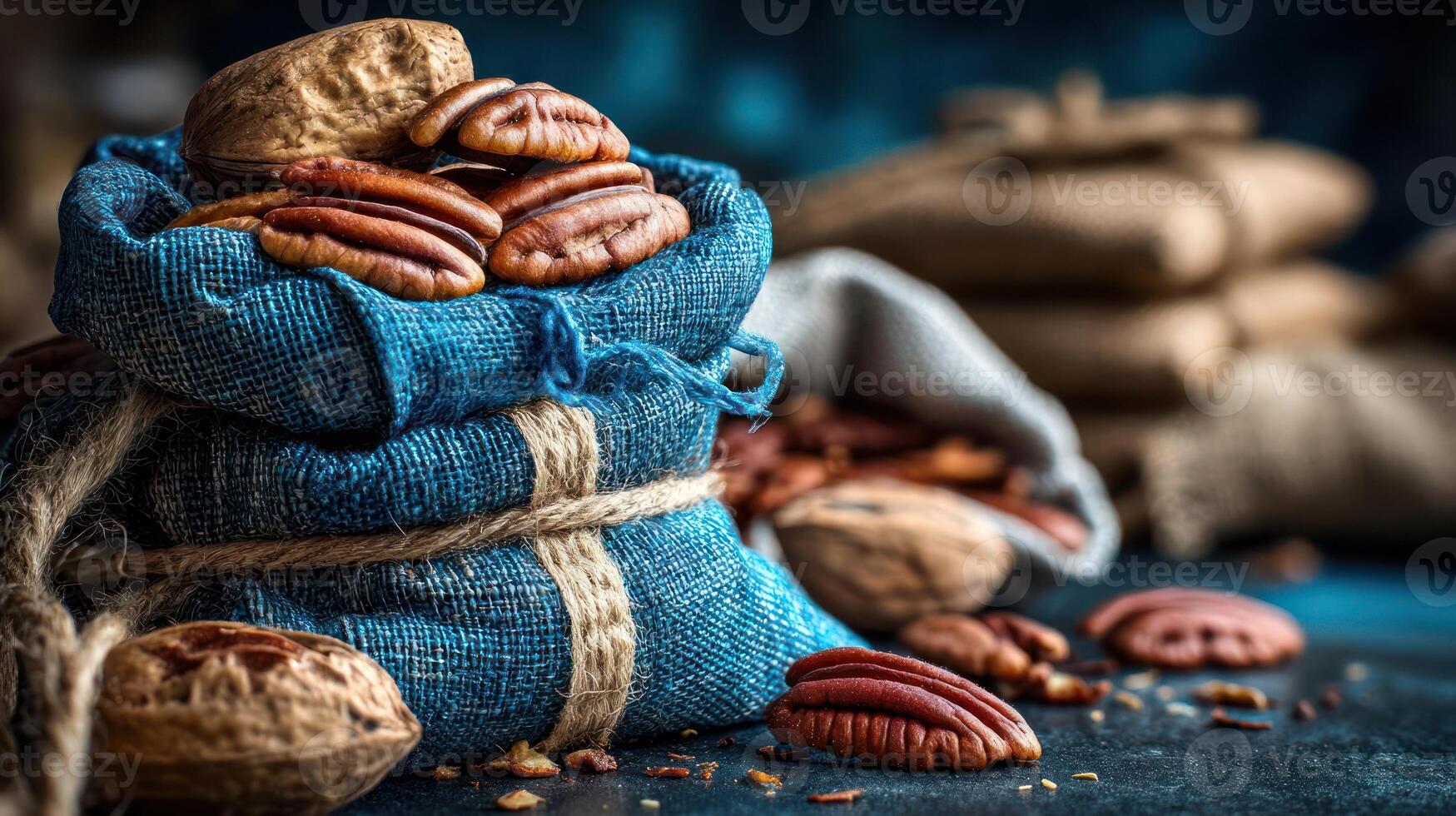 Pecans in a sack, rustic harvest, delicious nuts. photo