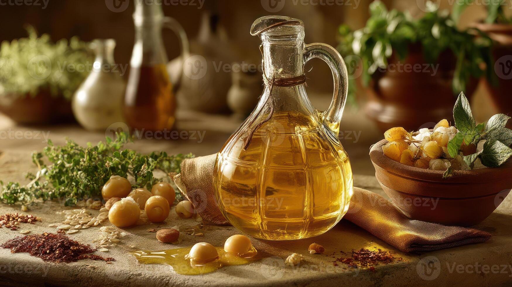 Oil, dates, and herbs - a rustic food still life. photo