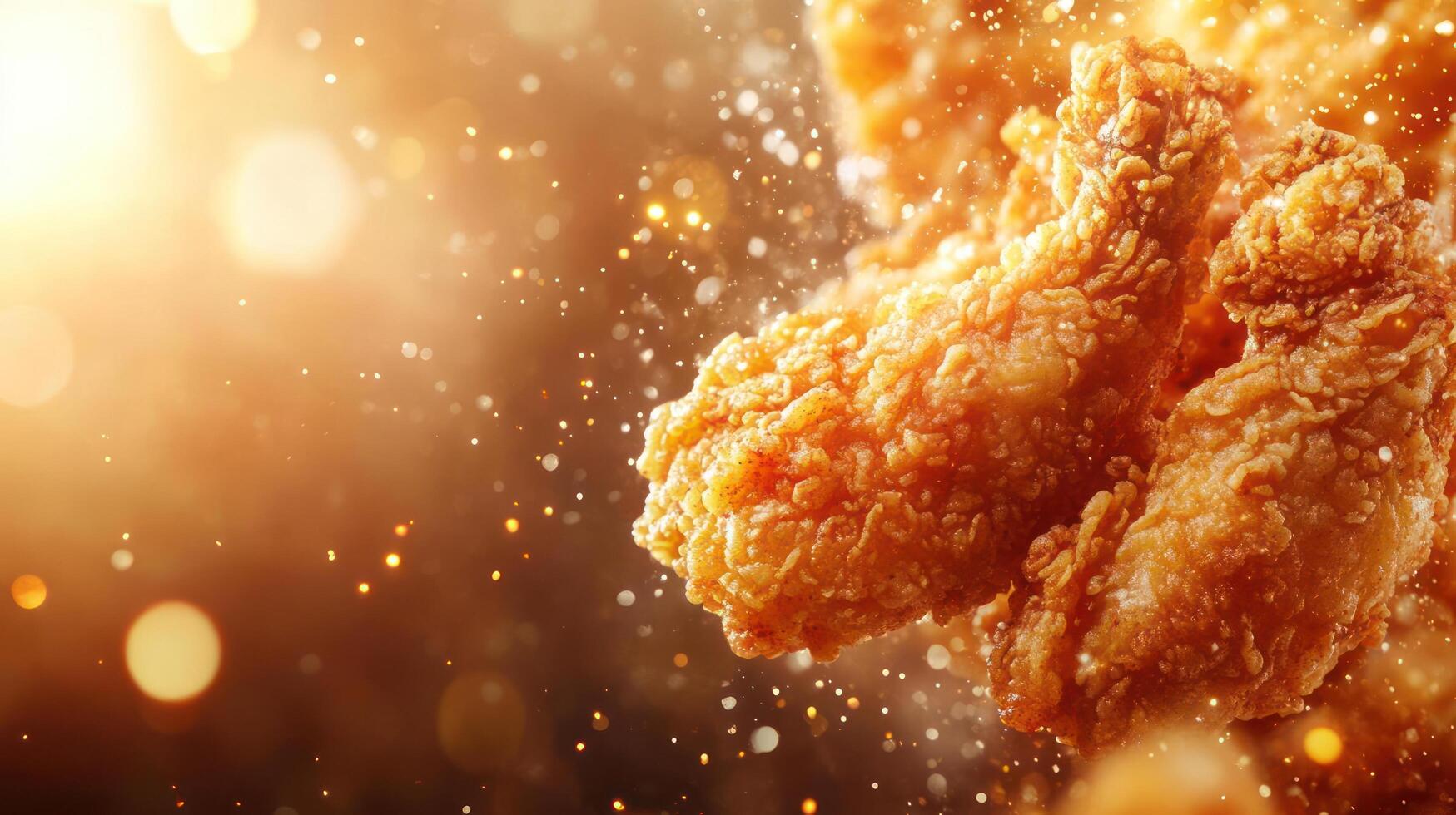 Crispy fried chicken with golden crust and bokeh lights. photo
