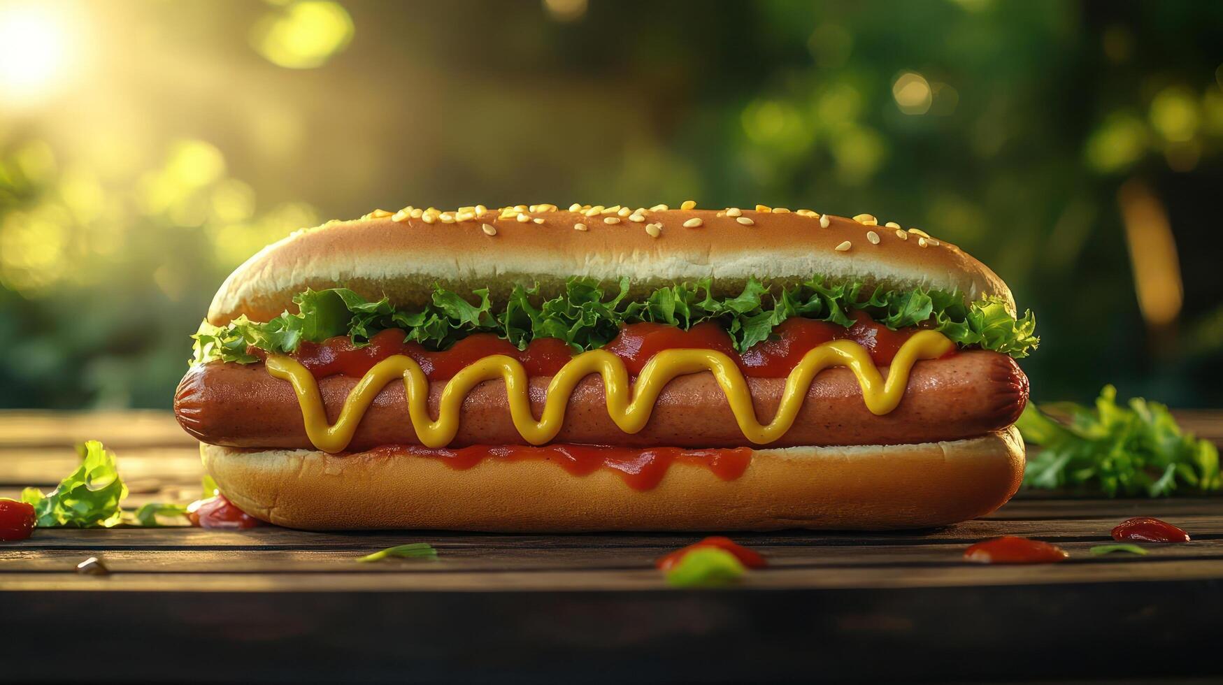 Delicious hotdog with mustard and lettuce on a wooden table. photo