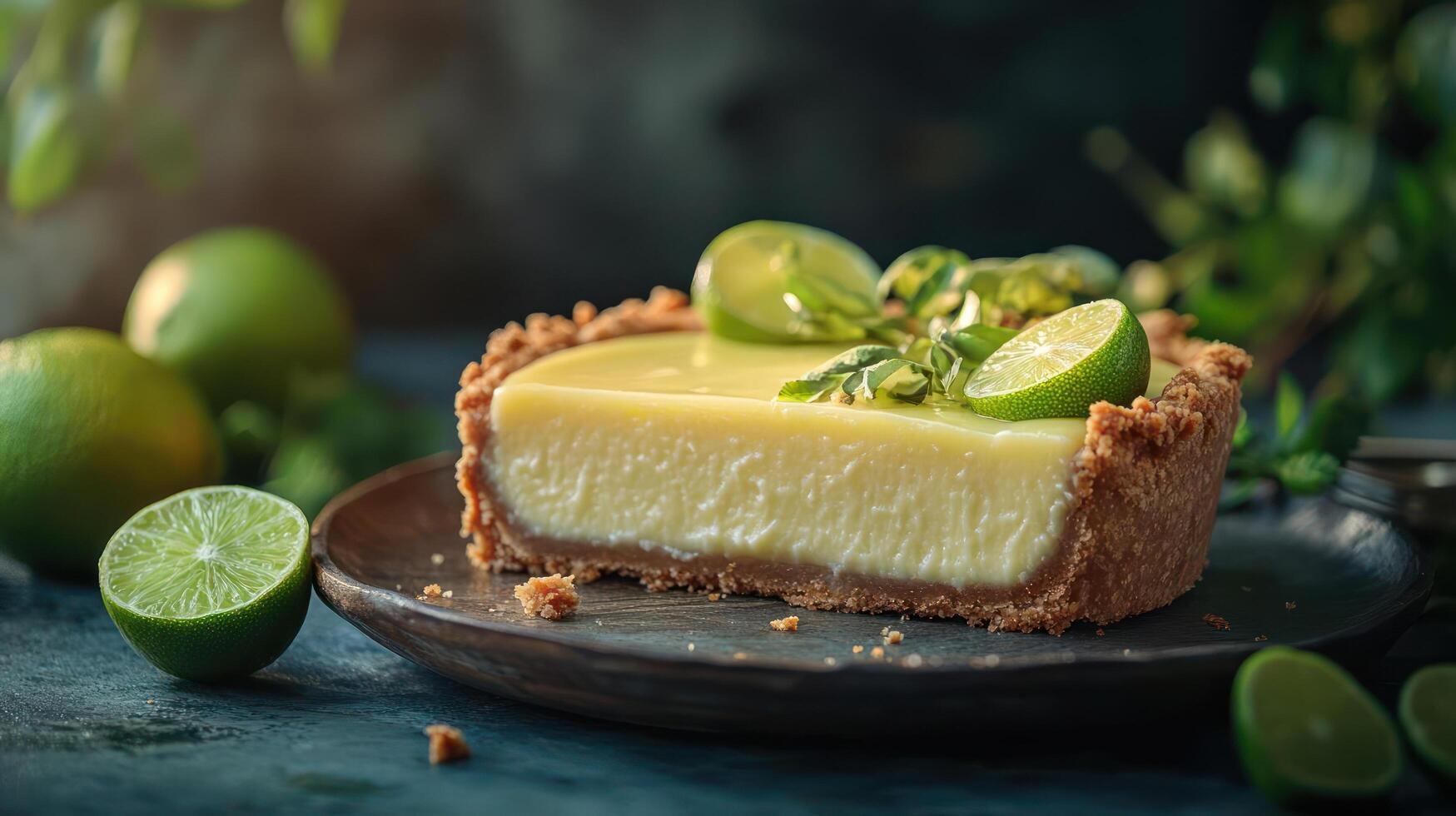 Delicious lime tart with fresh limes and flaky crust. photo