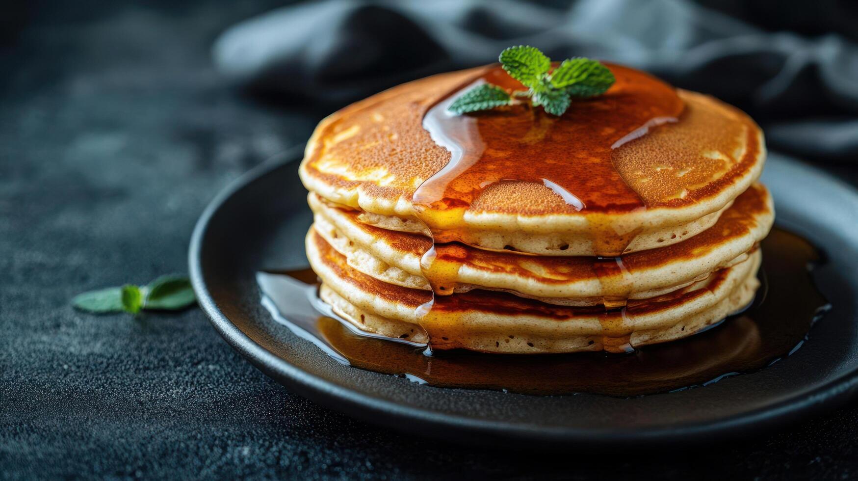 Stack of pancakes with syrup and mint. photo