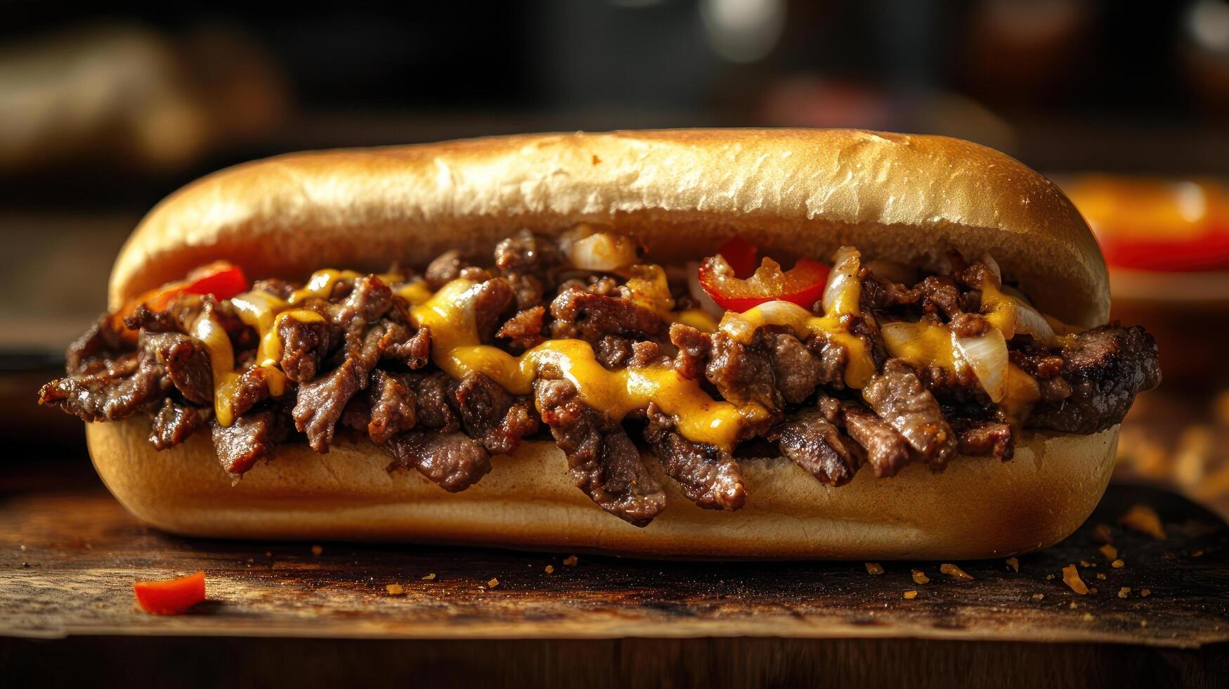 Cheesesteak sandwich on a toasted roll. photo