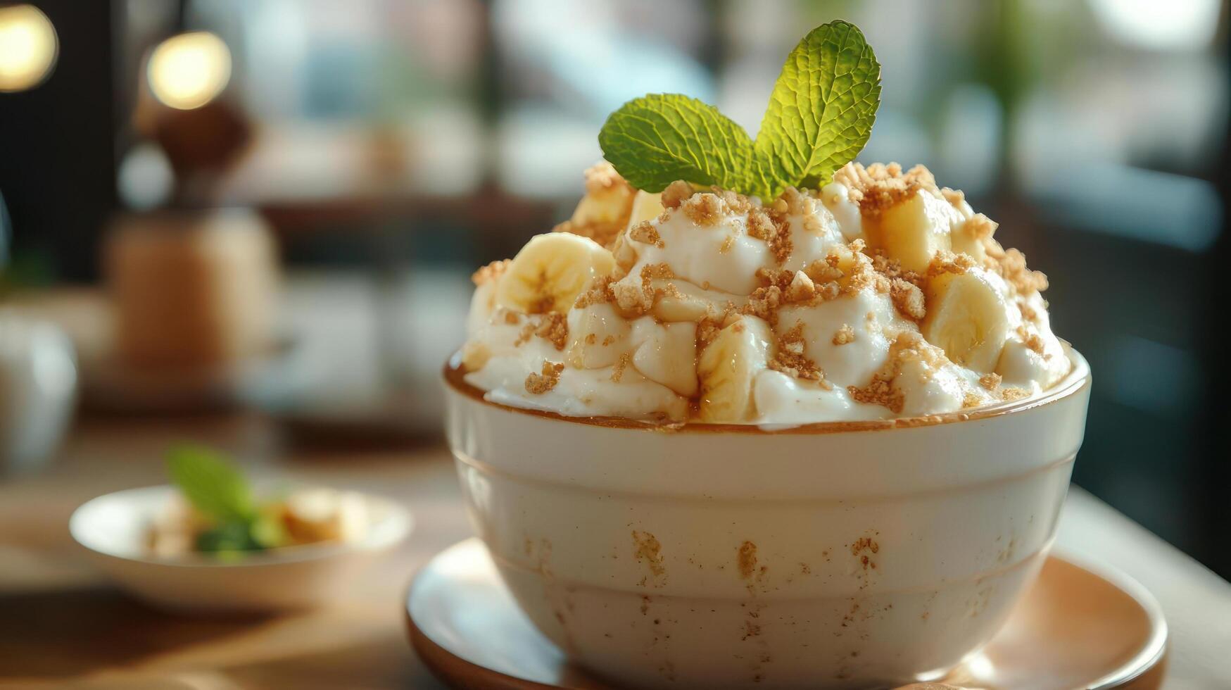 Delicious creamy dessert with mint garnish in a cup. photo