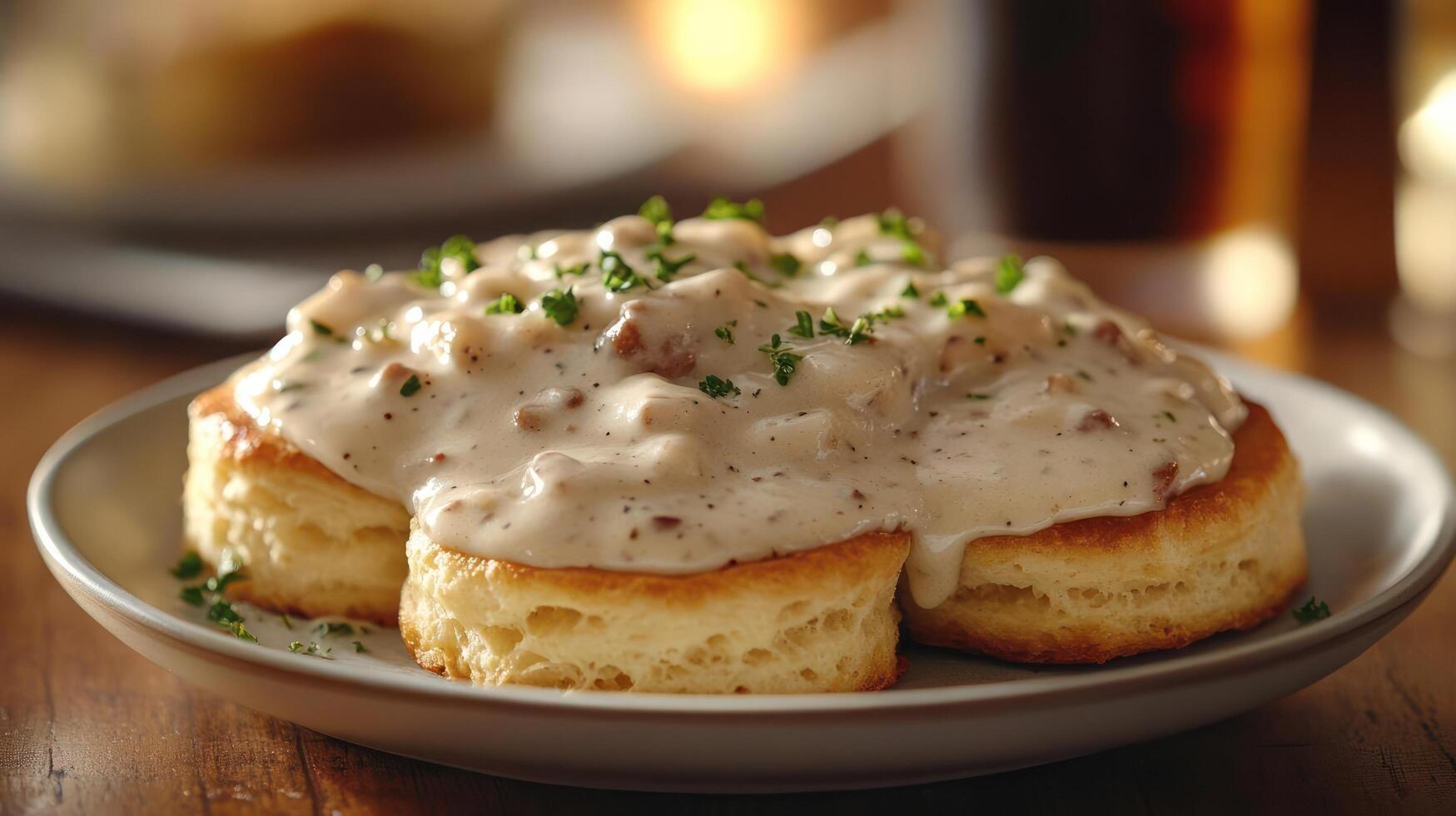 Fluffy buttermilk biscuits with creamy gravy and fresh herbs. photo