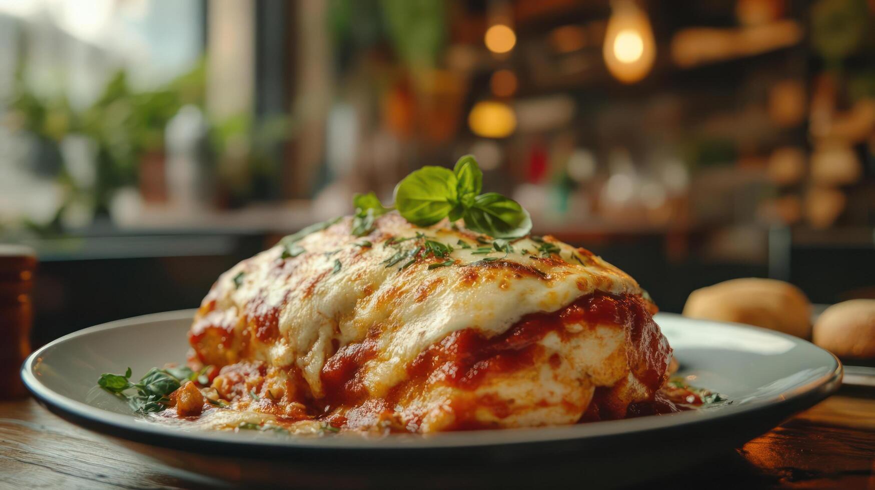 Delicious baked pasta with cheese and herbs. photo