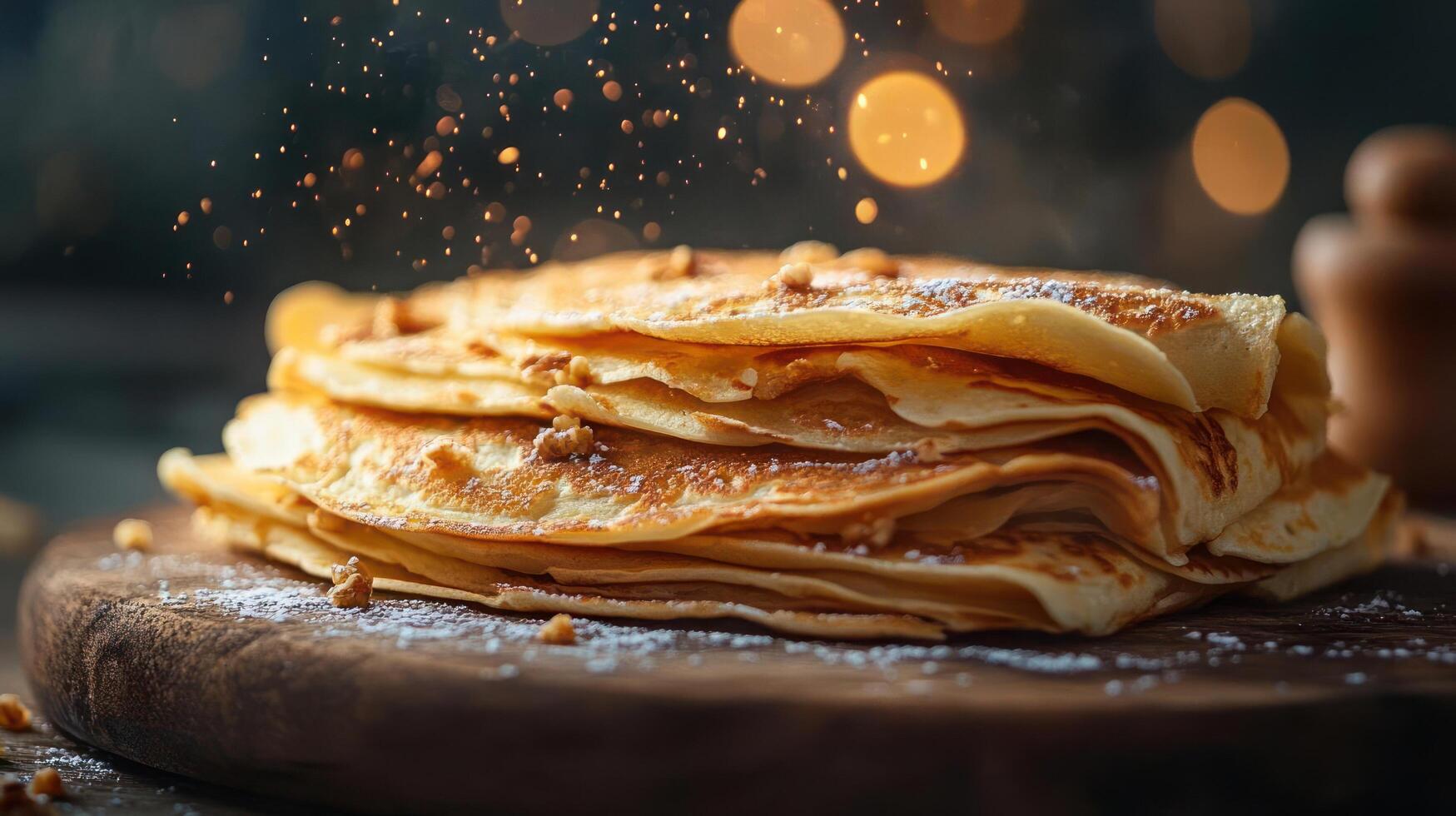 Stack of golden pancakes dusted with powdered sugar. photo