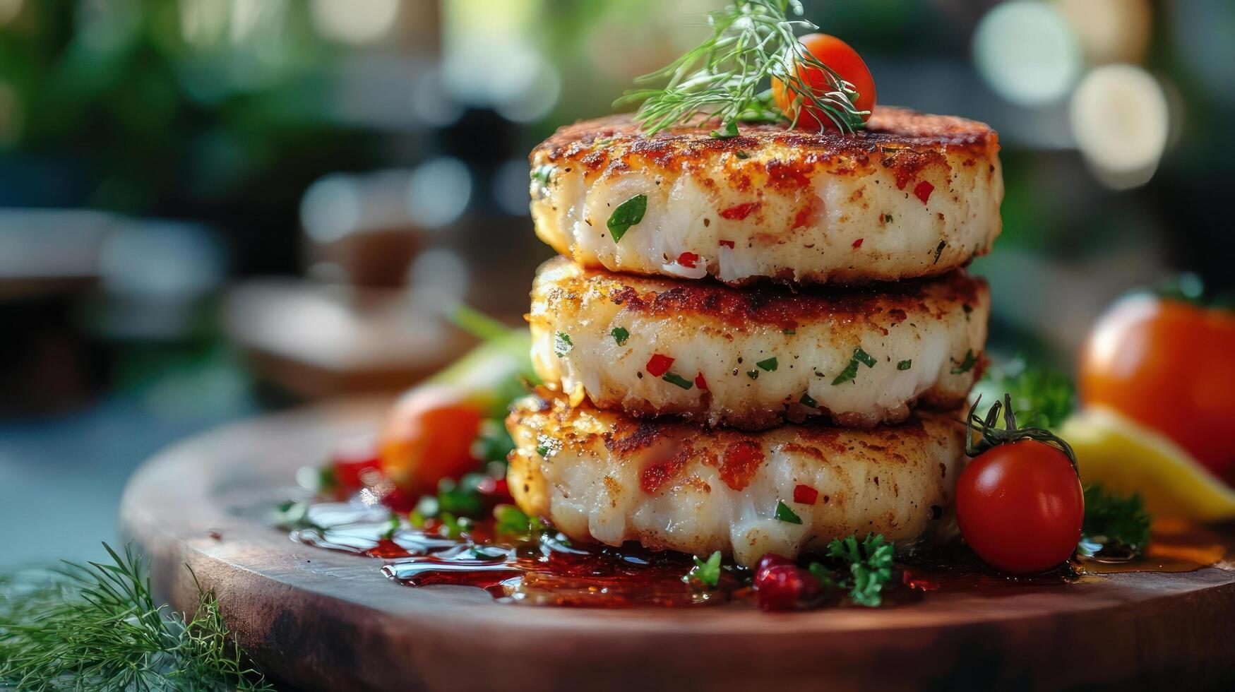 Stacked fish cakes with herbs and tomato garnish. photo