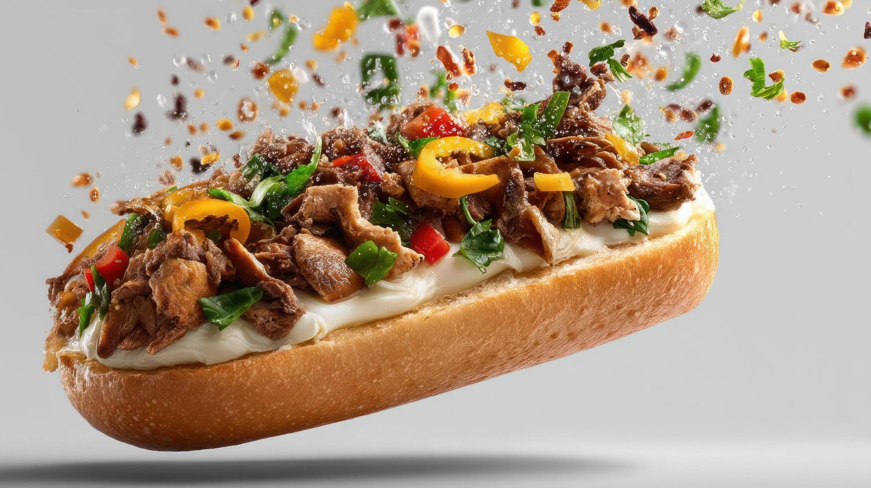 Delicious sandwich with meat, cheese, and vibrant spices. photo