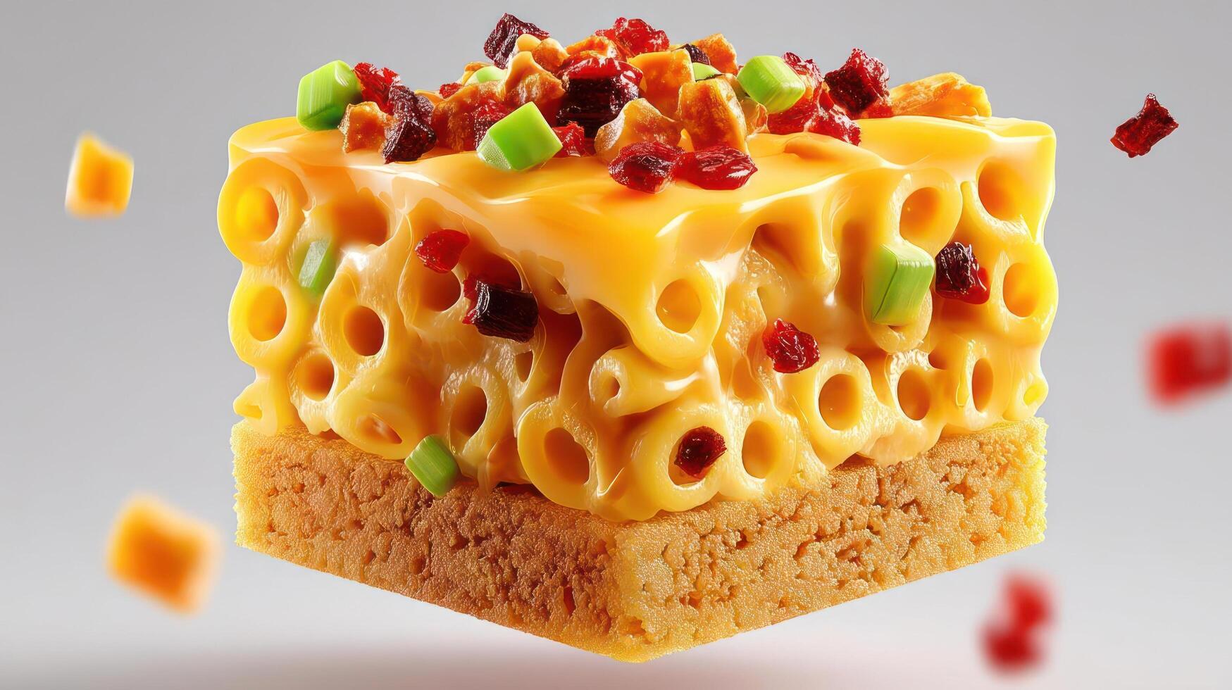 Close-up of a cheesy macaroni cube with green onions and bacon. photo