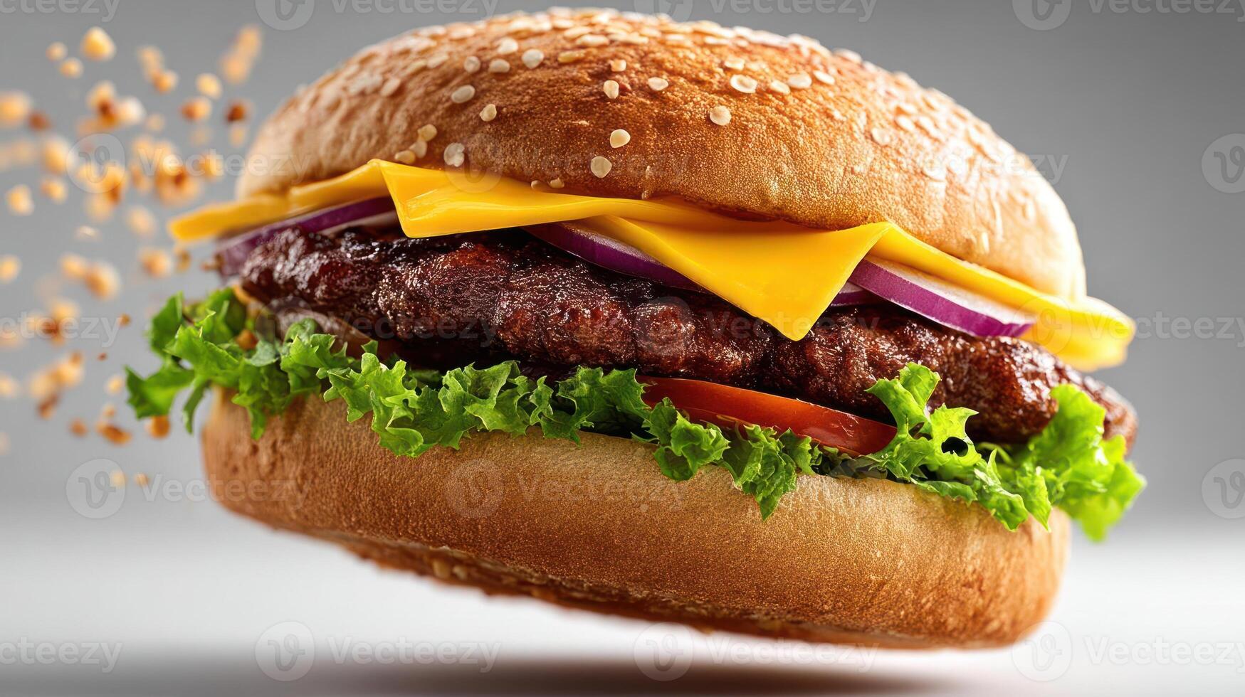 A hamburger is flying in the air with cheese and onions photo