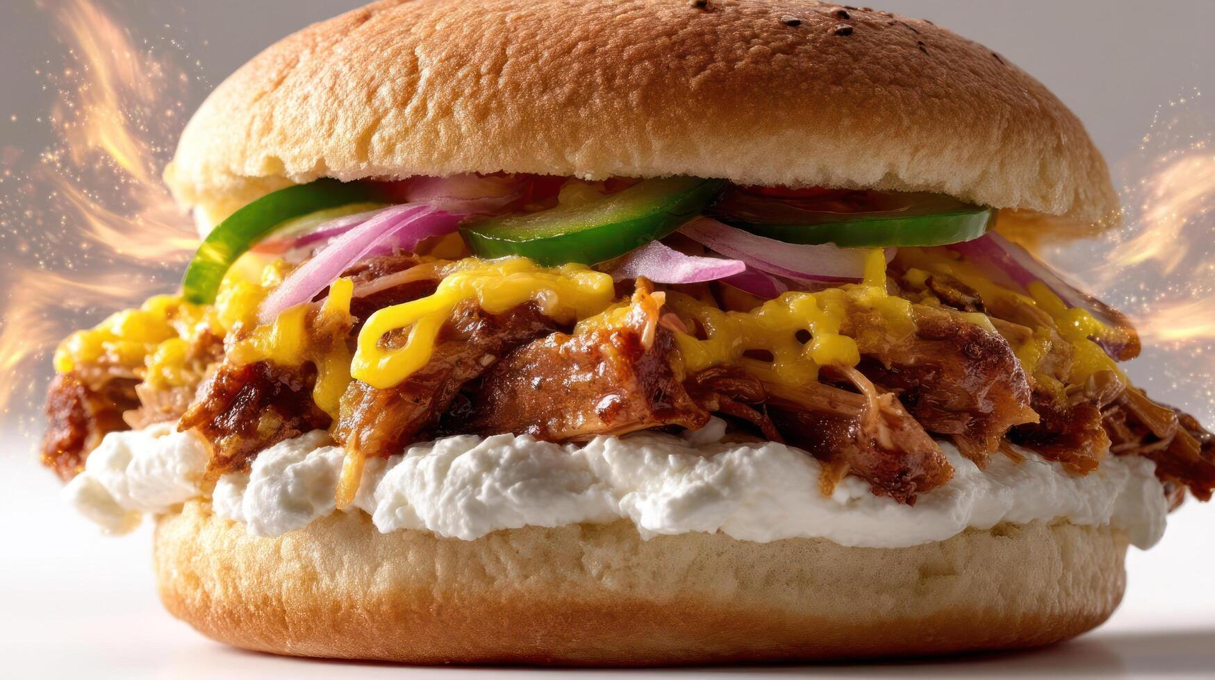 Delicious pulled pork burger with cheese, pickles, and onions. photo