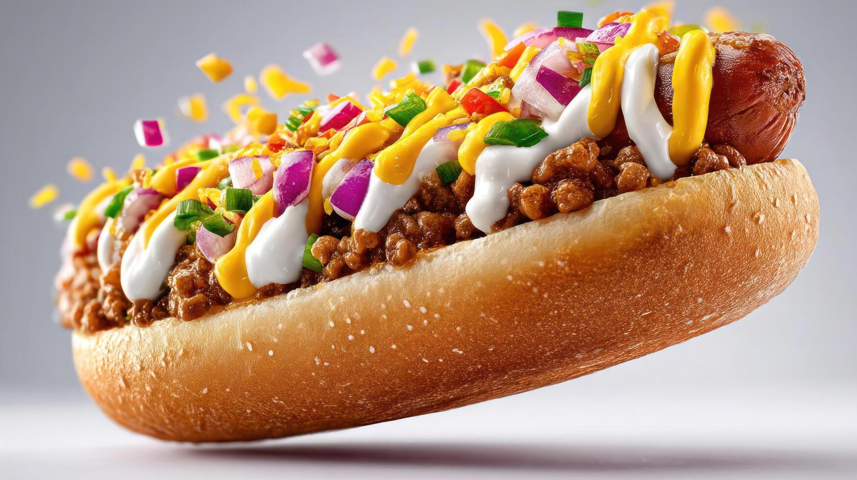 Delicious chili cheese hotdog with vibrant toppings. photo