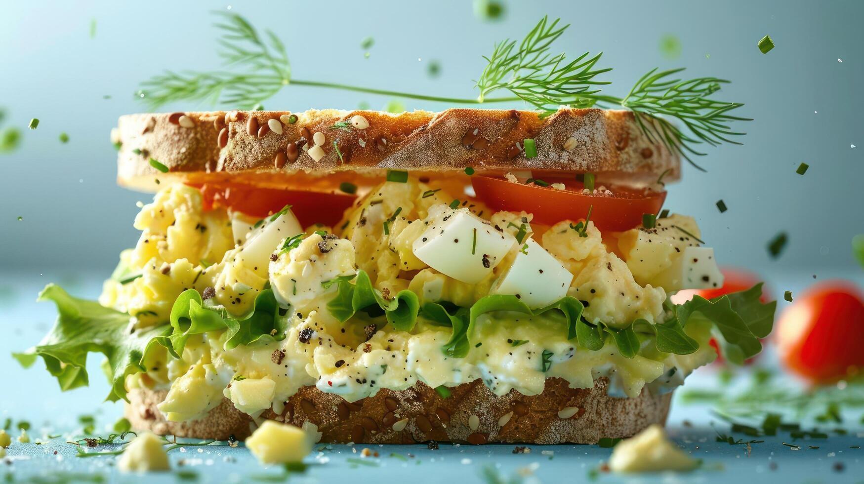 a sandwich with eggs, tomatoes, lettuce and mayonnaise photo