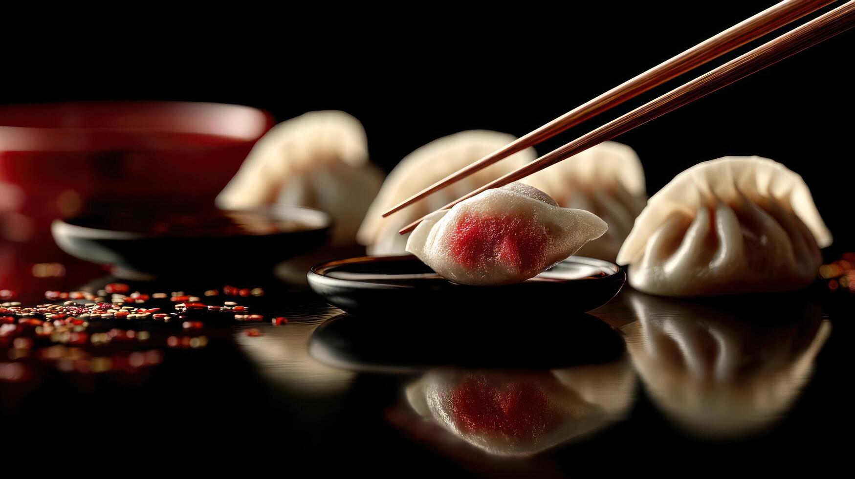 Steamed dumplings with chili oil, presented with chopsticks. photo