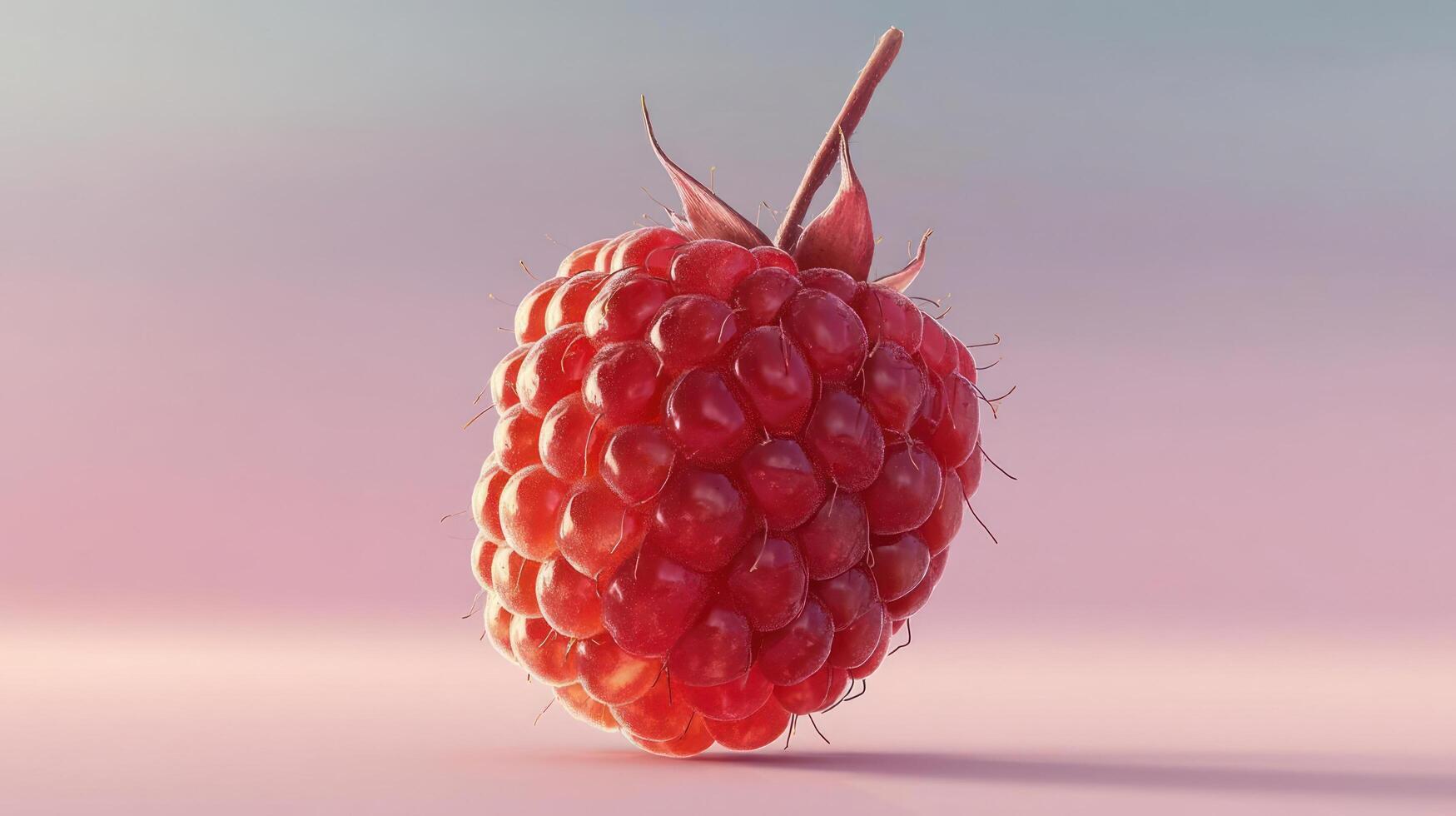 A vibrant, juicy raspberry against a soft pink background. photo