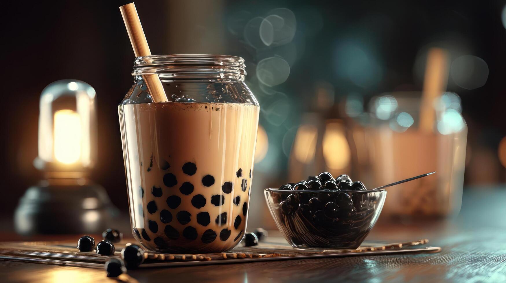 Bubble tea with tapioca pearls, dark and moody still life. photo
