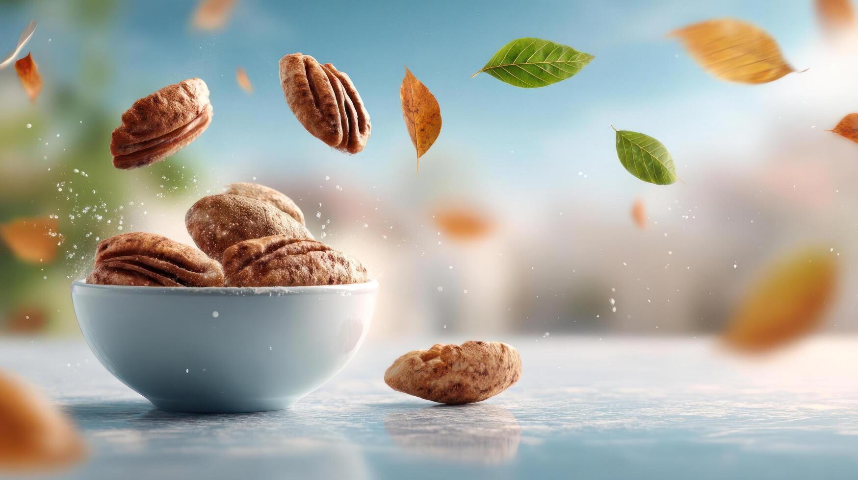 Pecans in a bowl with falling leaves. photo