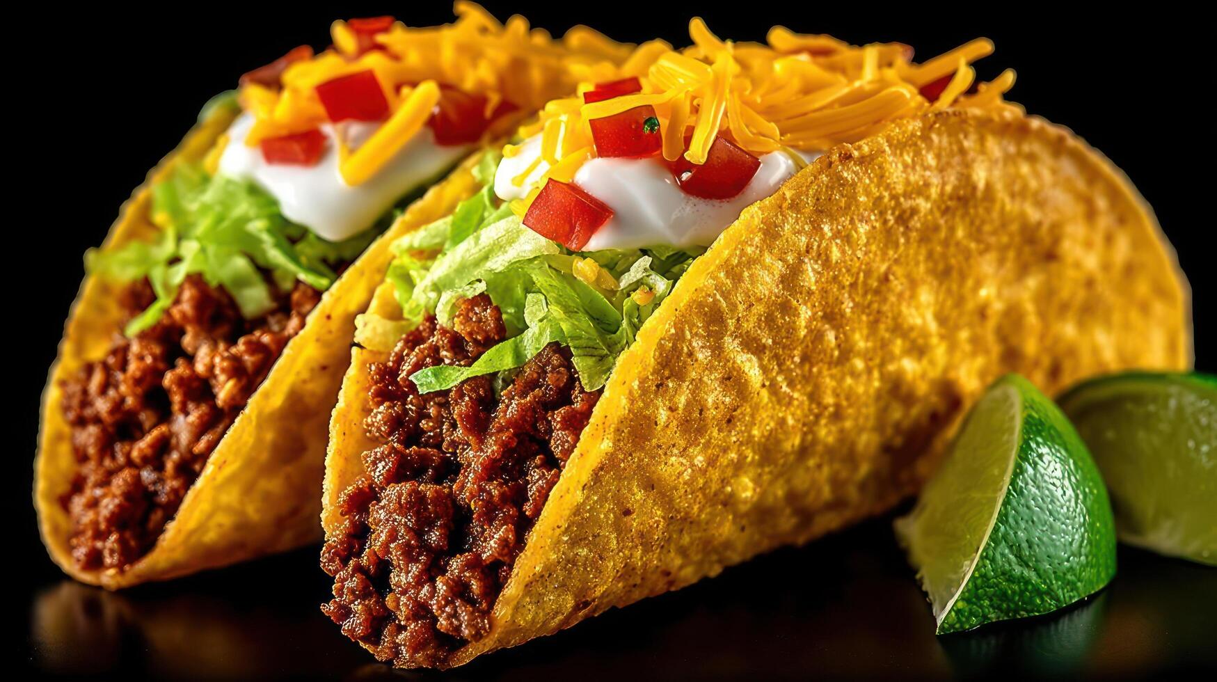 Delicious tacos with meat, cheese, lettuce, and a lime. photo