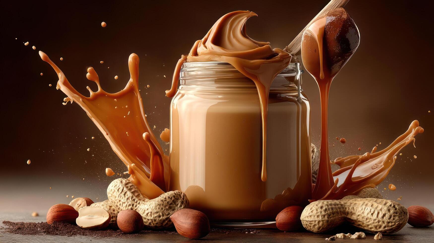 Peanut butter pouring from jar, splash effect, delicious photo