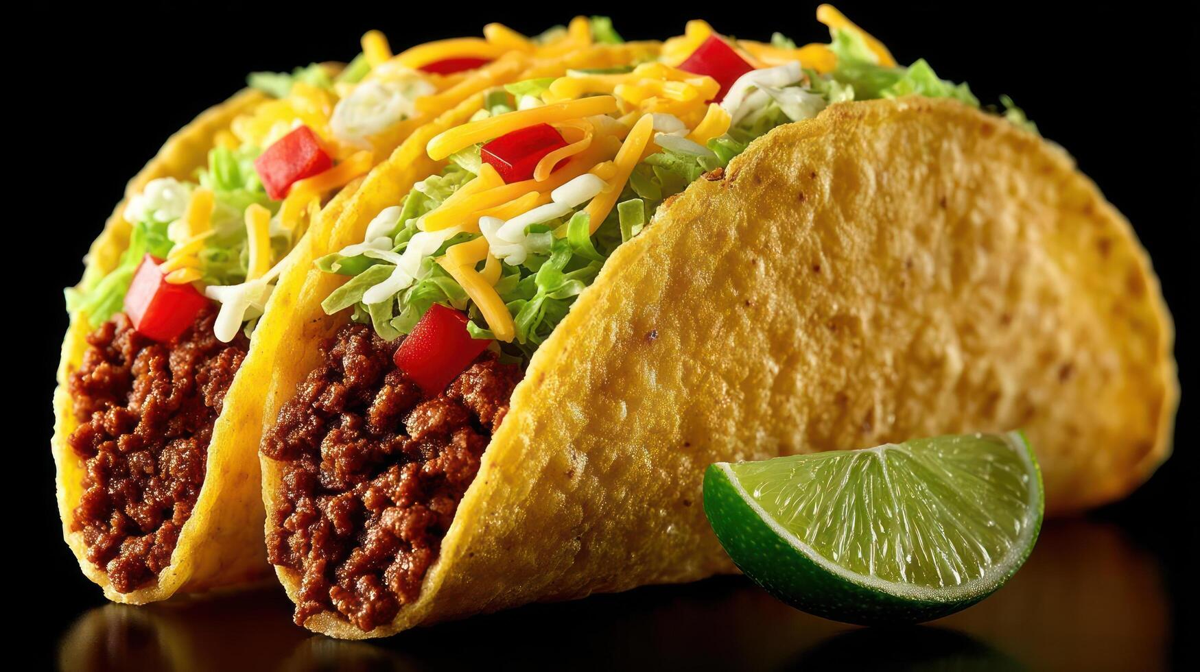 Delicious taco with meat, cheese, lettuce, and a lime wedge. photo