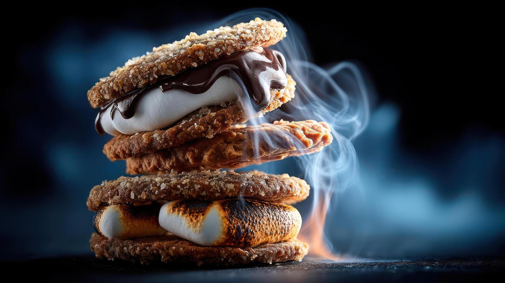 Stacked s'mores with toasted marshmallows and smoke. photo