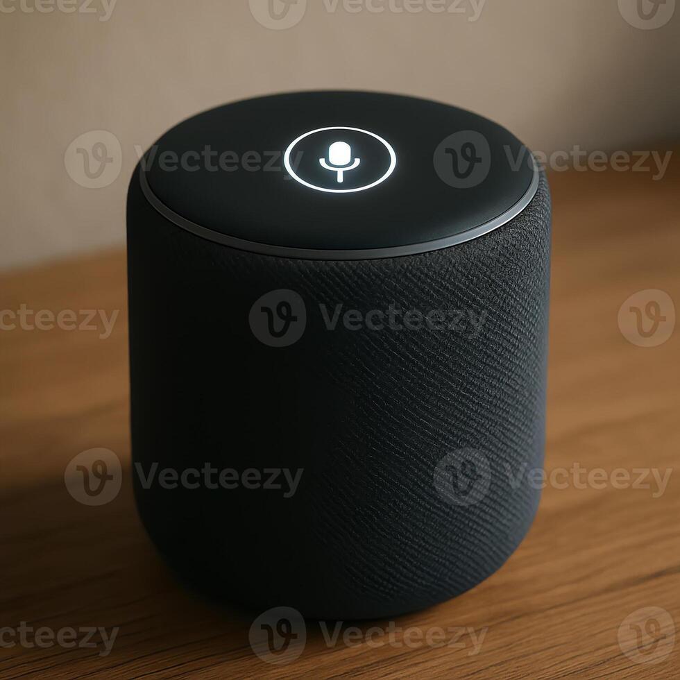 Smart Speaker Device on Wooden Table with Voice Assistant Icon in Soft Natural Light, Modern Home Technology for Hands Free Convenience photo