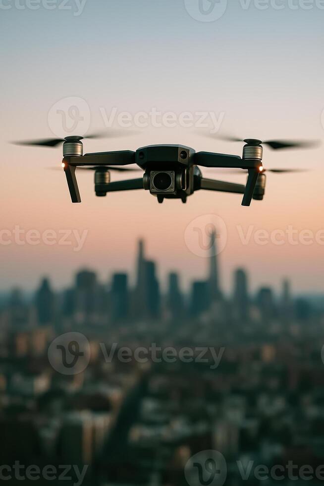 Drone Flying Over Cityscape with Shallow Depth of Field Capturing Urban Skyline at Sunset photo