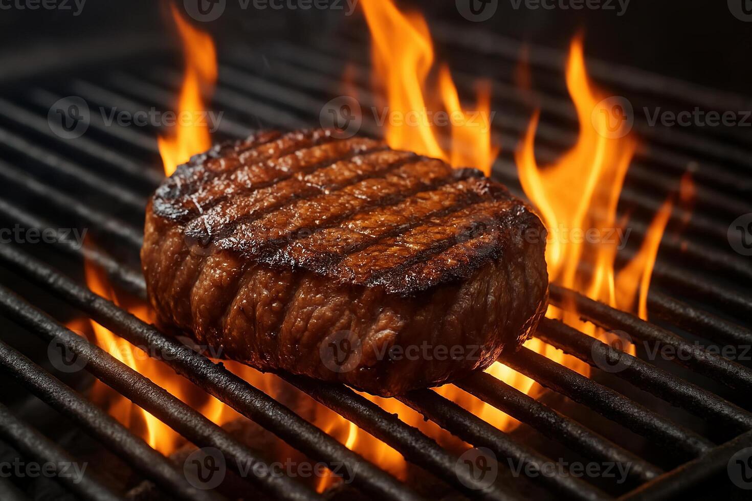 Juicy Grilled Steak on Flaming Barbecue Grill with Soft Natural Light in a Rustic Outdoor Setting for Food Enthusiasts and Culinary Experiences photo