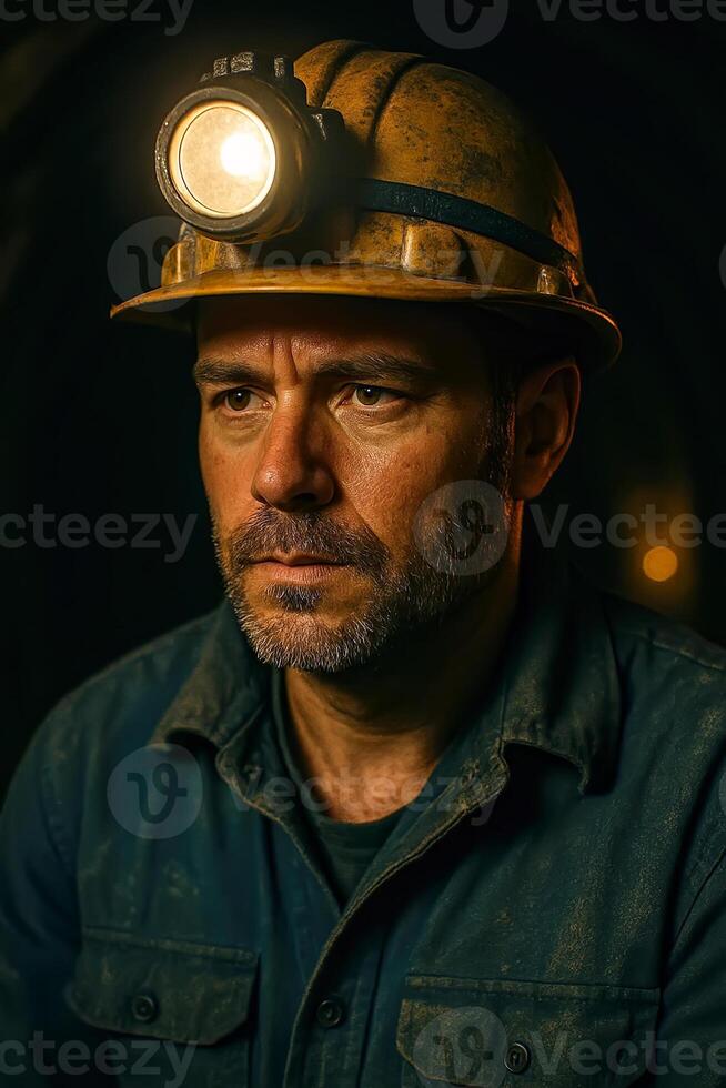 Miner Wearing Helmet Lamp in Underground Tunnel With Dim Ambient Lighting and Sturdy Workwear Capturing Resilience photo