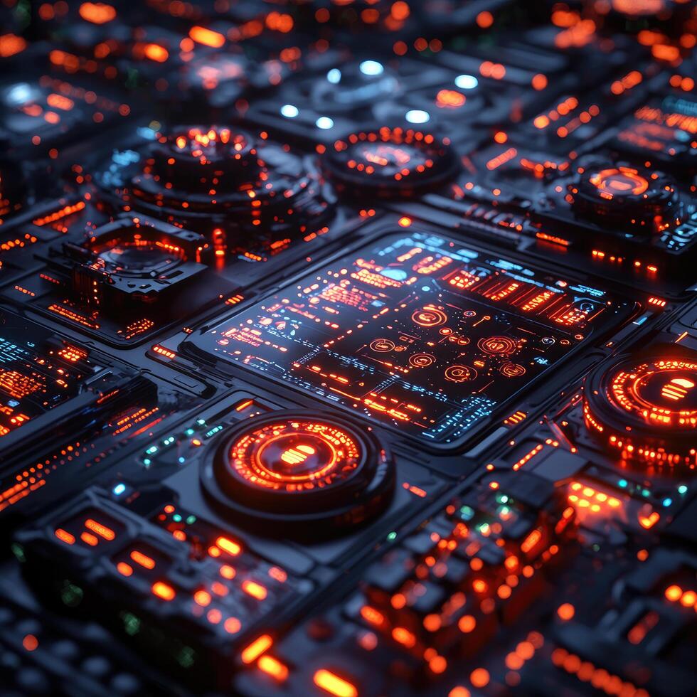 Futuristic Circuit Board Design with Glowing Elements HighTech Texture, Data Processing, and Advanced Technology Concept. photo