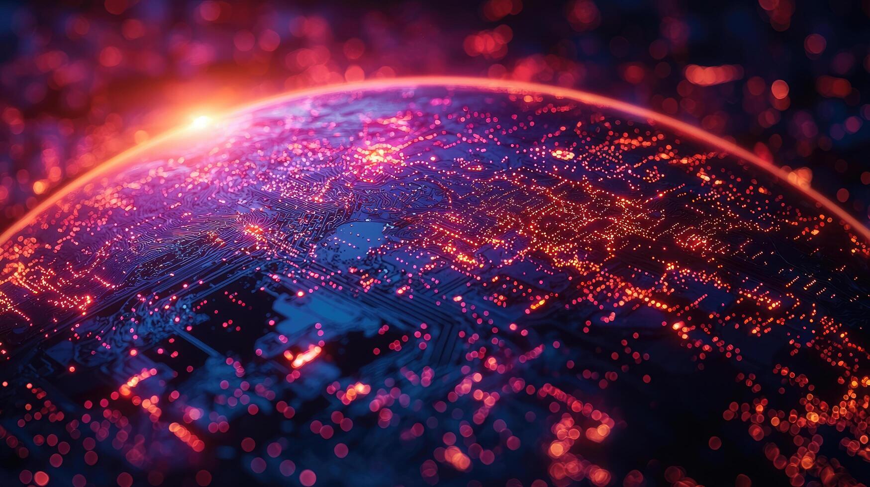 Futuristic Circuit Board Globe with Glowing Light Nodes and Network Connections in Neon Hues photo
