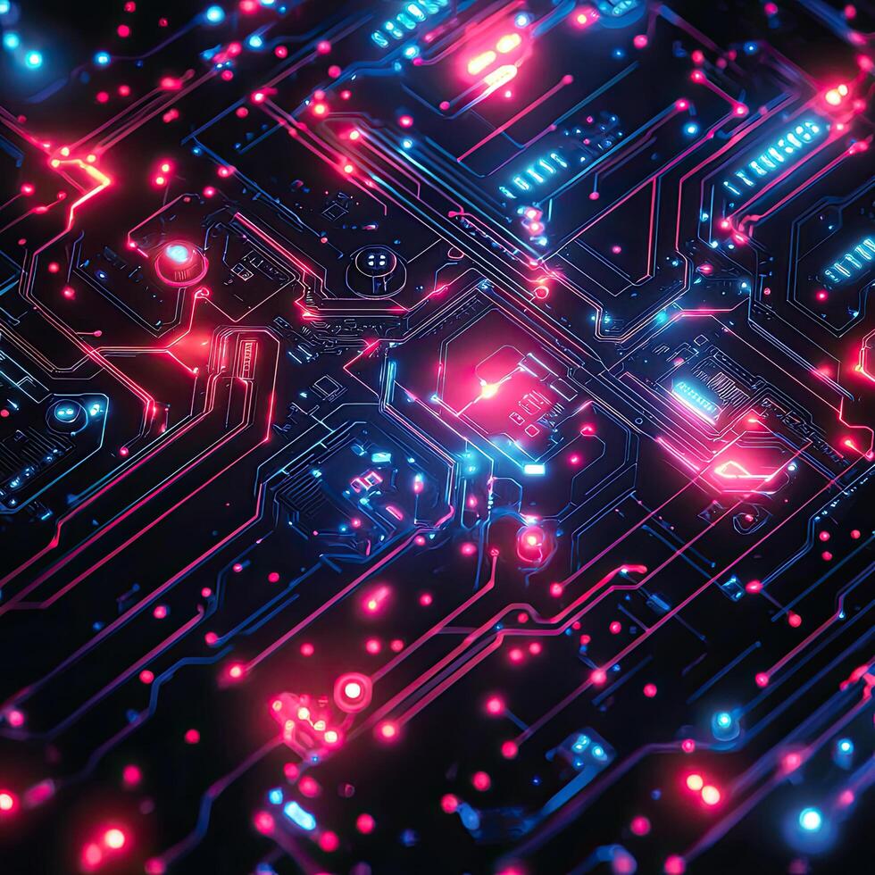 Futuristic Circuit Board Glowing with Blue and Red Lights, HighTech Computer Motherboard Design Background photo