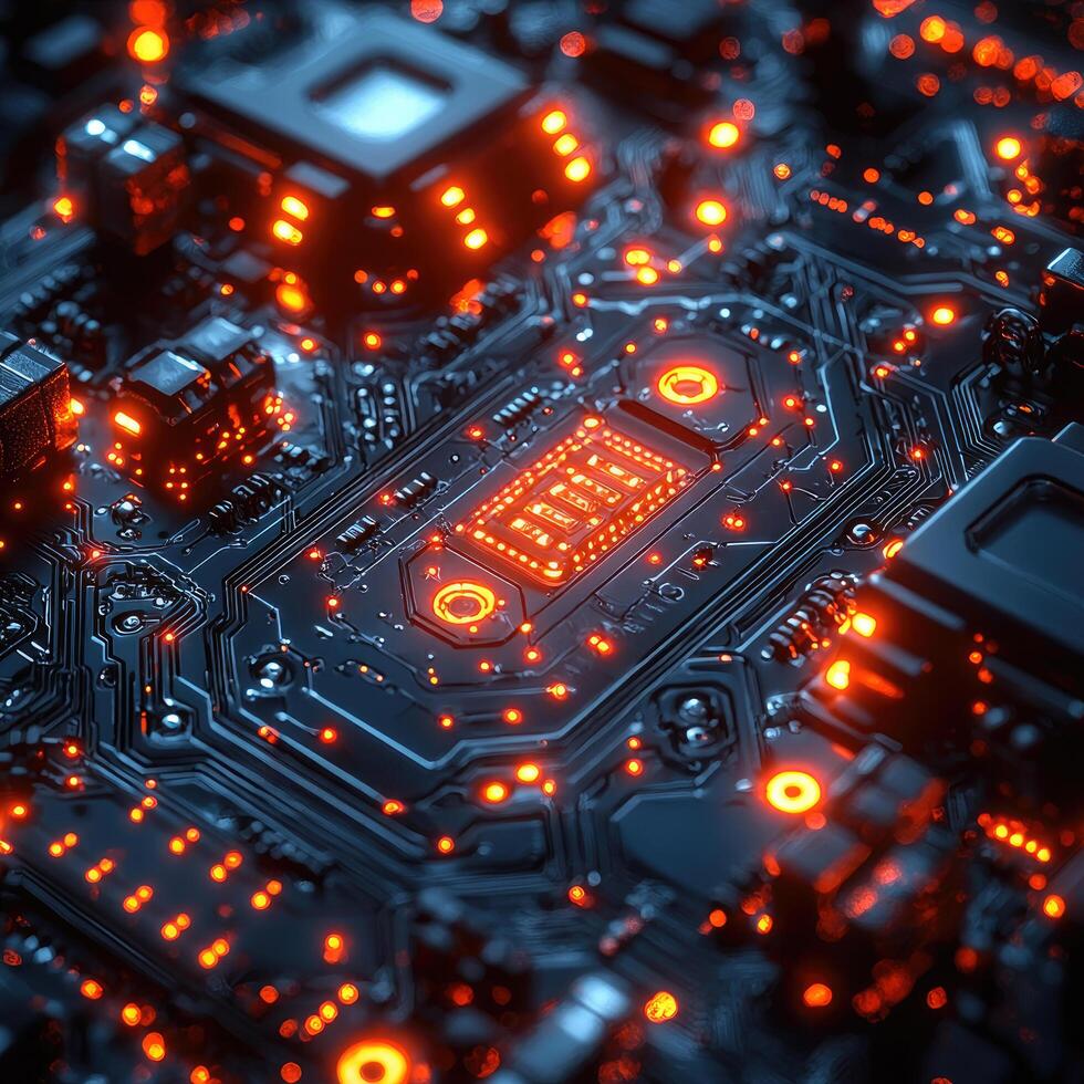 Futuristic Circuit Board with Glowing Components HighTech Motherboard Design with Bright Orange Lights and Metallic Texture photo