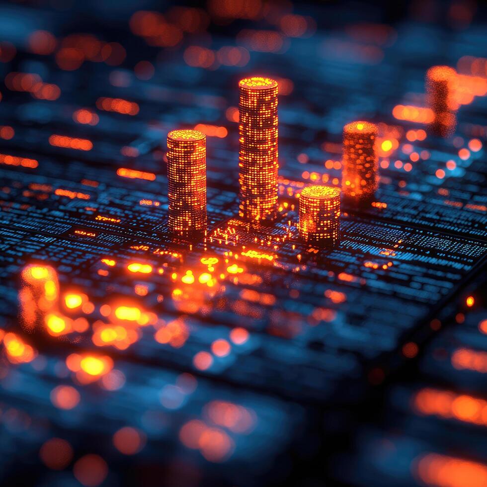 Futuristic Circuit Board with Glowing Data Columns, Technology, Artificial Intelligence, Data Analysis Visualization Concept photo