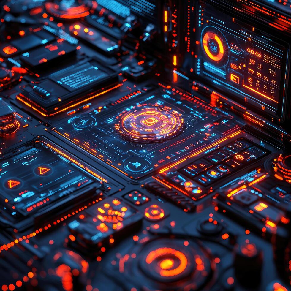 Futuristic Circuit Board with Glowing Details HighTech Interface Displaying Advanced Data and Complex Systems photo
