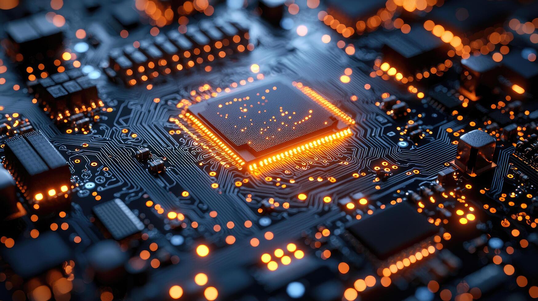 Futuristic Circuit Board with Glowing Elements Technological Innovation, Data Processing, and AI Integration Concept. photo