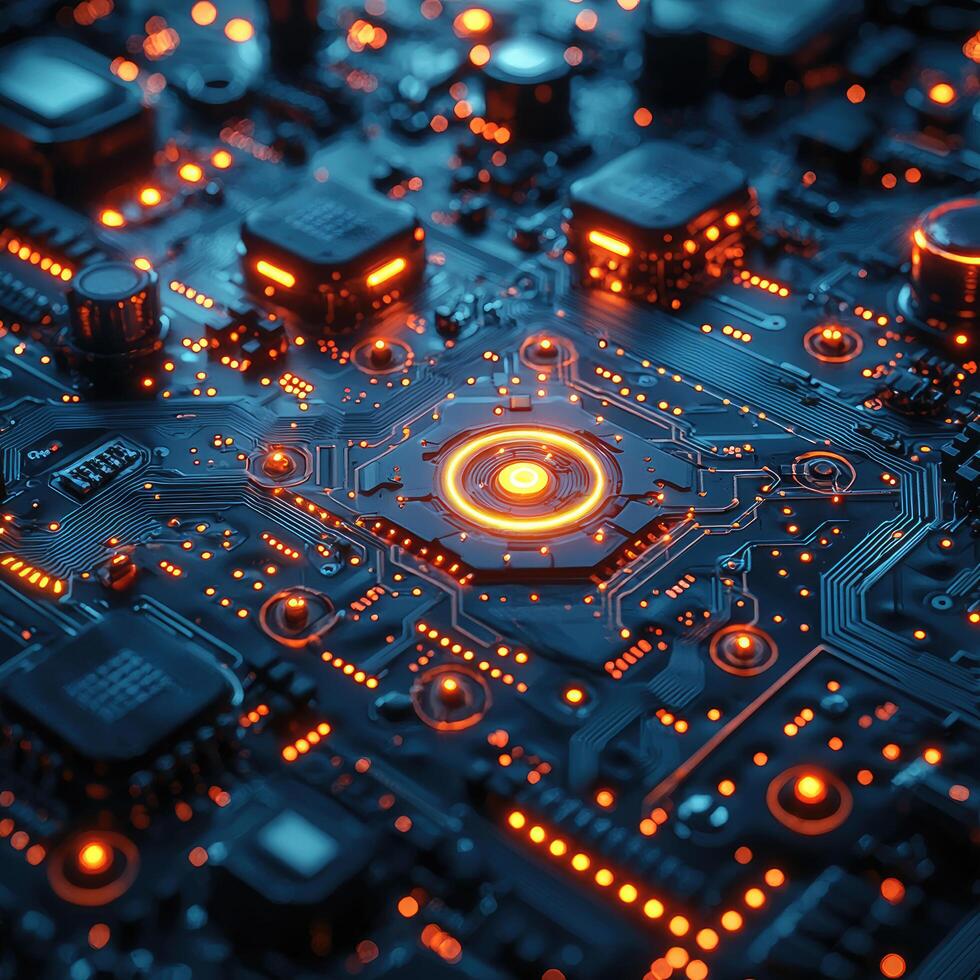 Futuristic Circuit Board with Glowing Orange Lights HighTech Design, Data Processing, Artificial Intelligence Concept. photo