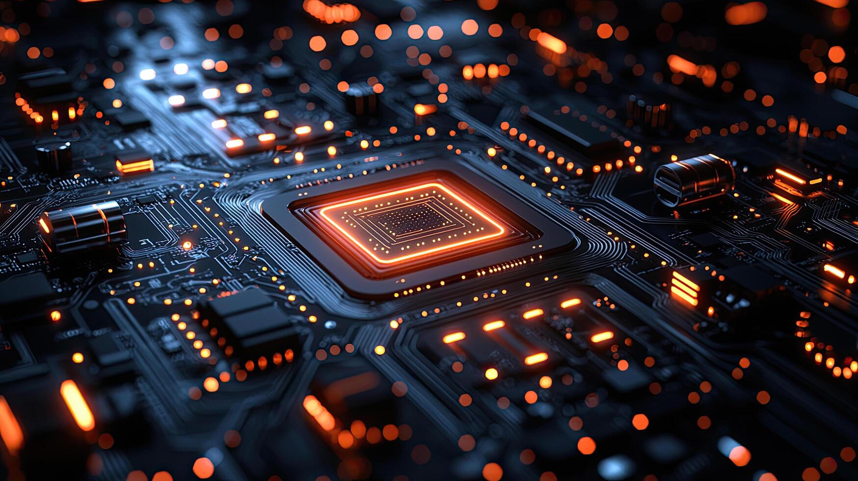 Futuristic Circuit Board with Glowing Orange Lights Technology, Computing, and Innovation Concept. HighTech Motherboard Design. photo