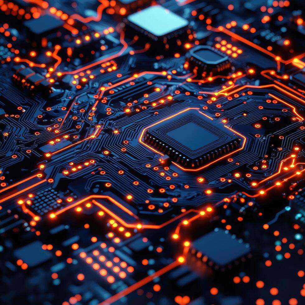 Futuristic Circuit Board with Glowing Orange Traces, High Tech Abstract Design for Technology and Innovation. photo
