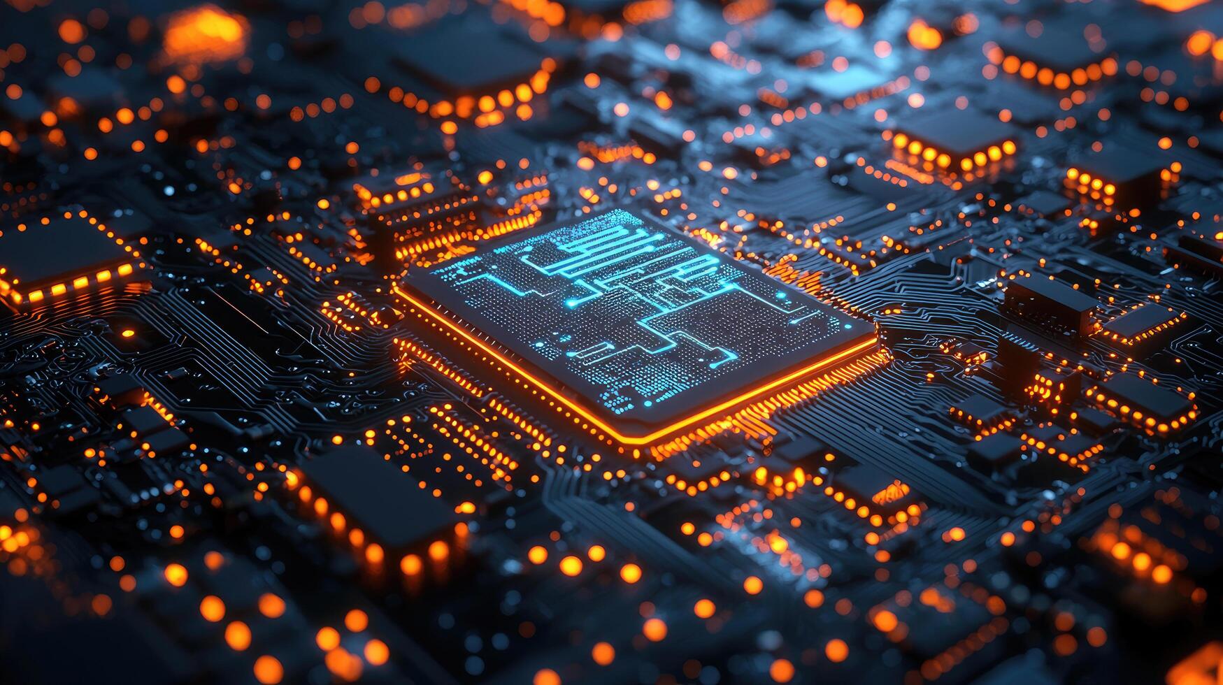 Futuristic Circuit Board with Glowing Pathways, Technology Integration, Advanced Computing, and Motherboard Components, Data Flow. photo